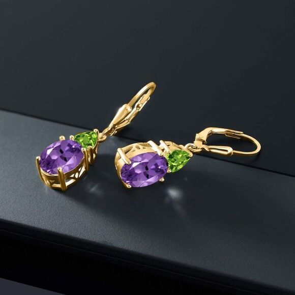 18K Yellow Gold with 5.56 Cttw Amethyst and Peridot Leverback Drop Earrings - Picture 2 of 4